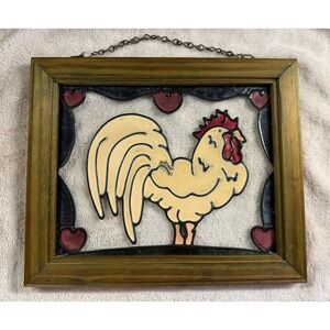 Chicken  Glass Hand Painted Hanging Window Panel Sun Catcher 10x12" Vintage